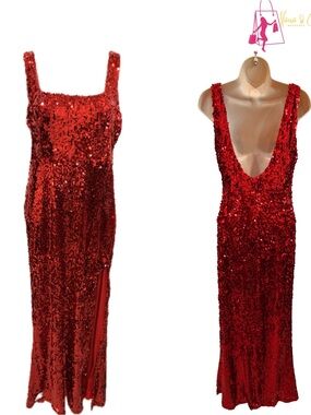 Red Sequin Backless Evening Dress - Sparkle Maxi